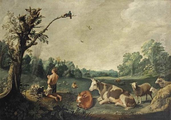 A Man Sacrificing A Lamb, Sheep And Cattle Resting In The Foreground Oil Painting by Jacob Gerritsz Cuyp