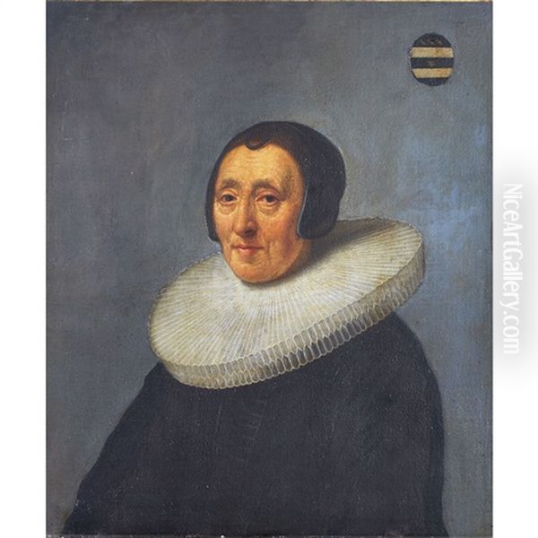 An Elderly Woman In A Cartwheel Ruff With Coat Of Arms Oil Painting by Jacob Gerritsz Cuyp