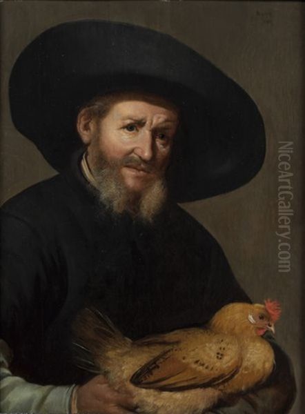 Portrait D'homme Au Chapeau Portant Une Poule Dans Ses Bras Oil Painting by Jacob Gerritsz Cuyp