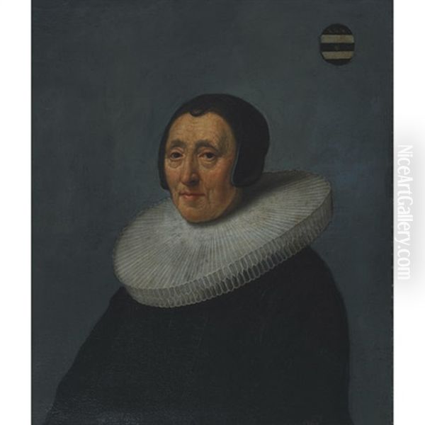 An Elderly Woman In A Cartwheel Ruff With Coat Of Arms Oil Painting by Jacob Gerritsz Cuyp