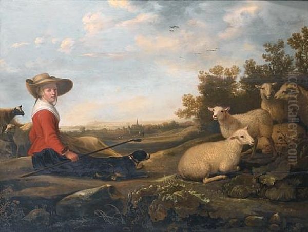 A Shepherdess With Her Sheep In An Extensive Landscape, A View To A Town Beyond by Jacob Gerritsz Cuyp