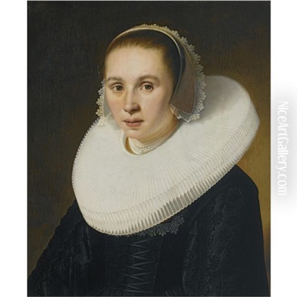 Portrait Of A Lady, Wearing A Black Dress With A Molensteenkraag And A White Lace Bonnet Oil Painting by Jacob Gerritsz Cuyp