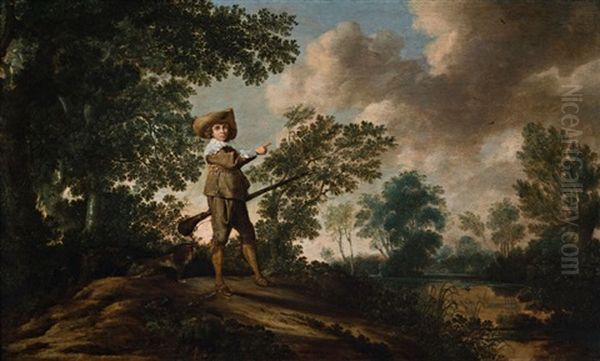 Young Huntsman In A Wooded Landscape With Lake Oil Painting by Jacob Gerritsz Cuyp