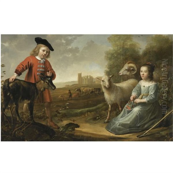 Portrait Of A Young Boy And A Young Girl With A Goat And Two Sheep In An Italianate Landscape, A Herdsman With His Cattle By Ruins Beyond Oil Painting by Jacob Gerritsz Cuyp