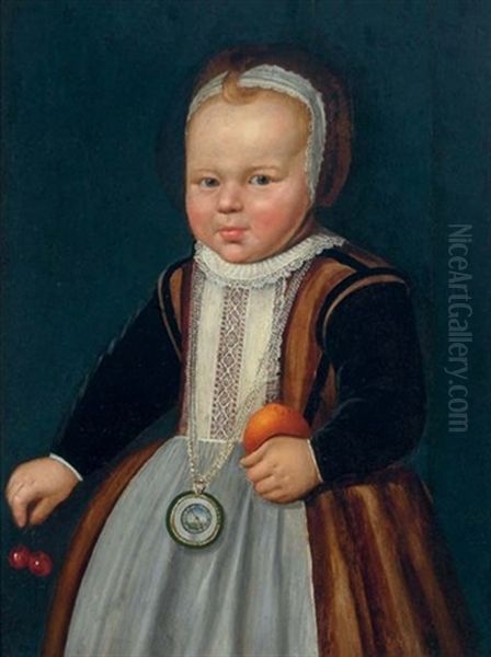 Portrait Of A Child Wearing A Pocket Watch On A Chain, Holding An Orange And Cherries Oil Painting by Jacob Gerritsz Cuyp