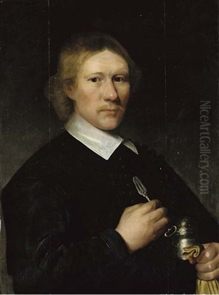 Portrait Of A Dentist In A Black Coat With A White Collar, A Silver Tongue-spatula In His Right Hand And A Silver Box Under His Left Arm Oil Painting by Jacob Gerritsz Cuyp