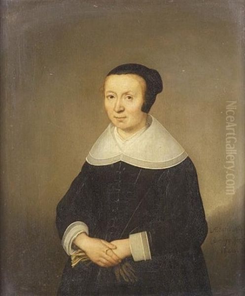 Portrait Of A Lady In A Black Dress With A White Collar, Holding A Pair Of Gloves Oil Painting by Jacob Gerritsz Cuyp