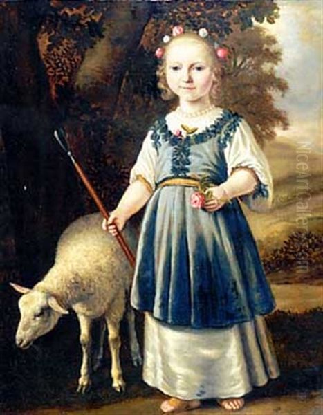 Portrait Of A Young Girl Dressed As A Shepherdess, In A White Dress With A Light Blue Pinafore Set With Leaf Motifs, A Pearl Necklace, Her Hair Set With Roses, In A Landscape With A Sheep Oil Painting by Jacob Gerritsz Cuyp