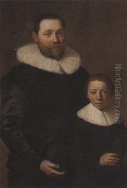 Double Portrait Of A Father And A Son, The Gentleman Holding A Black Hat In His Right Hand, His Son, Aged 11, Also Holding A Black Hat In His Right Hand Oil Painting by Jacob Gerritsz Cuyp