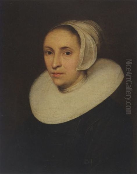 A Portrait Of A Lady, Aged 42, Wearing A Black Dress With A White Lace Millstone Collar And A White Cap Oil Painting by Jacob Gerritsz Cuyp