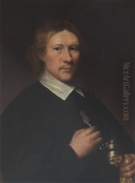 A Portrait Of A Dentist, Aged 35, Wearing A Black Coat With White Collar, Holding A Silver Tongue-spatula In His Right Hand And A Silver Box Under His Left Arm Oil Painting by Jacob Gerritsz Cuyp