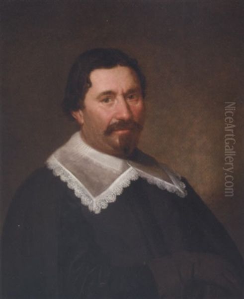 Portrait Of A Gentleman, Aged 47, In Black Costume With A Flat Collar Of White Lace, A Black Coat And Leather Gloves Oil Painting by Jacob Gerritsz Cuyp