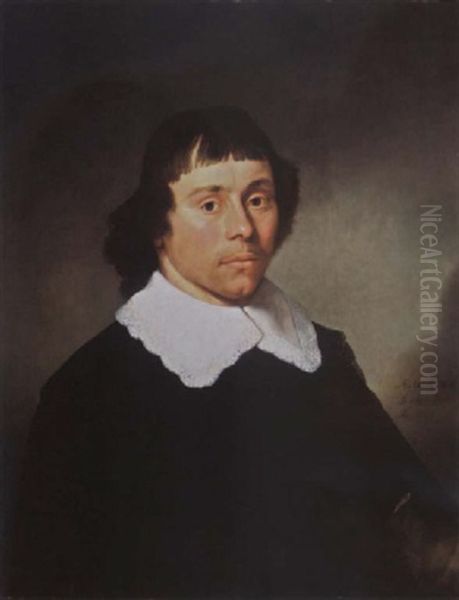 A Portrait Of A Young Man, Aged 24, Wearing A Black Coat And A White Lace Collar Holding A Glove In His Left Hand Oil Painting by Jacob Gerritsz Cuyp