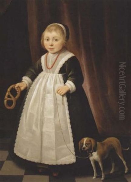 Portrait Of A Young Girl Wearing A Coral Necklace And Holding A Pretzel, A Spaniel Puppy Beside Her Oil Painting by Jacob Gerritsz Cuyp