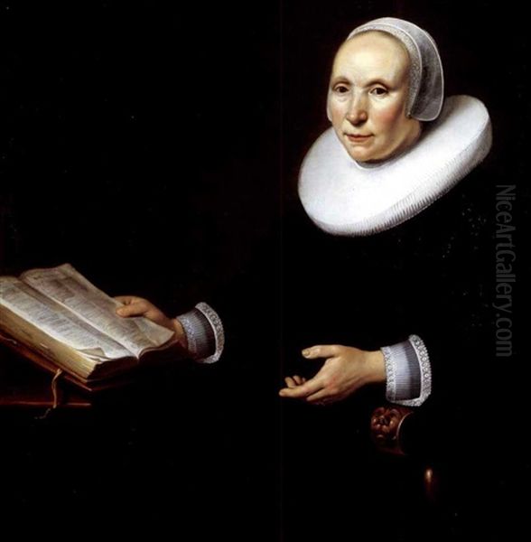 Portrait Of A Lady Wearing A Black Dress With A White Ruff, Cuffs And Cap, Seated In A Chair, Holding A Book Oil Painting by Jacob Gerritsz Cuyp