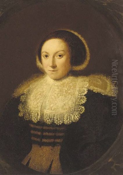 Portrait Of A Lady In A Brown Bodice With Black Sleeves, A White Lace Collar And White Headdress Oil Painting by Jacob Gerritsz Cuyp