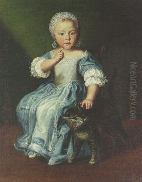 Portrait Of A Girl, Seated Full-length, In A Blue Dress And White Cap, With Cat At Her Side Oil Painting by Jacob Gerritsz Cuyp