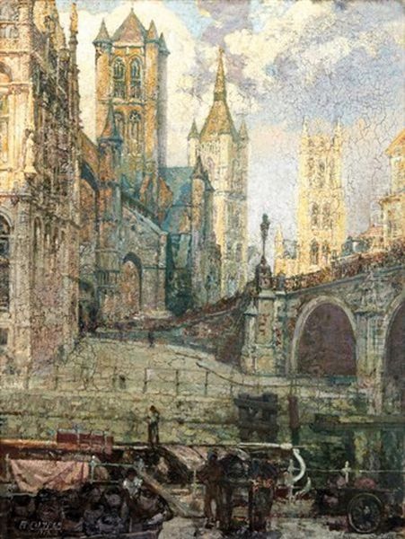 Activite Sur Le Quai Devant La Cathedrale Oil Painting by Alfons De Cuyper