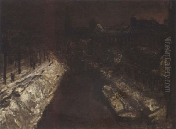 City View Of A Canal In Winter Oil Painting by Alfons De Cuyper