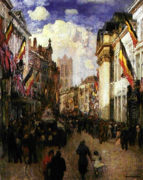 De Befrijding Van Gent, Gezicht In De Veldstraat Oil Painting by Alfons De Cuyper