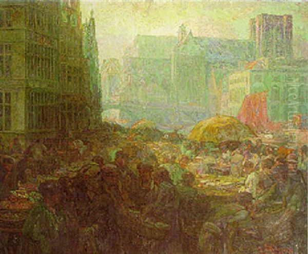 A Fruitmarket In Ghent Oil Painting by Alfons De Cuyper