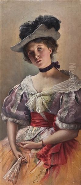 Lady With A Fan Oil Painting by Wladislaw Czachorski