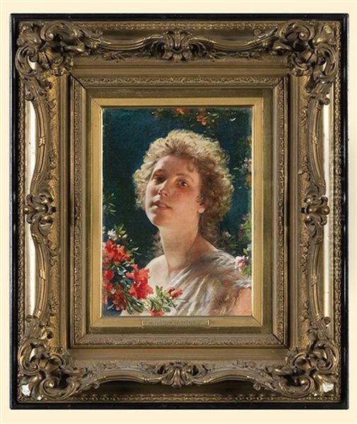 Girl With Azalea Flowers Oil Painting by Wladislaw Czachorski