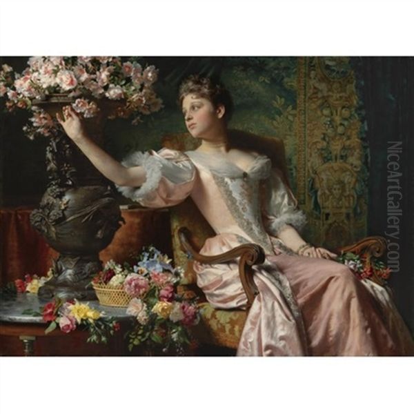 Young Beauty Amid The Conservatory Blossoms Oil Painting by Wladislaw Czachorski