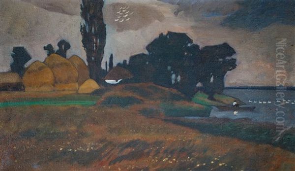 Pejzaz Z Gospodarstwem Nad Woda Oil Painting by Stanislaw Czajkowski