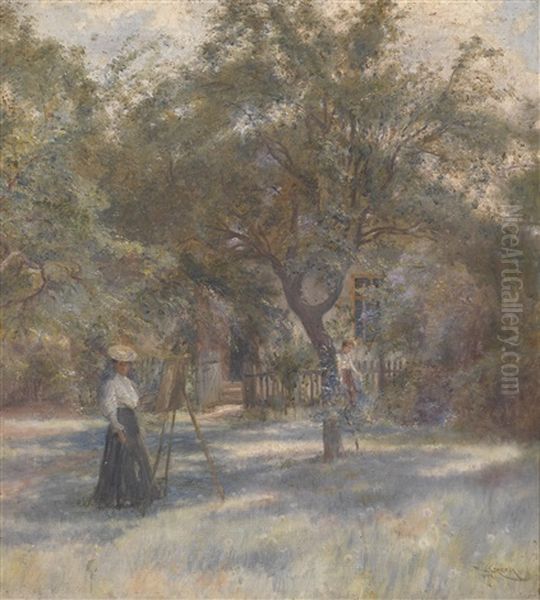 Malerin An Der Staffelei In Einem Bauerngarten Oil Painting by Emil Czech