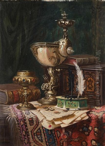 Stilleben Mit Teppich, Buchern Und Nautiluspokal Oil Painting by Ernst Czernotzky