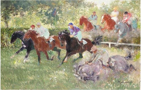 Racing At Auteuil Oil Painting by Louis Ferdinand Antoni