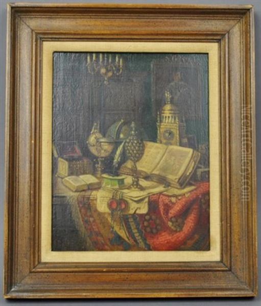 A Still Life With Nautilus, Clock, Feather, Pen And Other Objects Oil Painting by Ernst Czernotzky