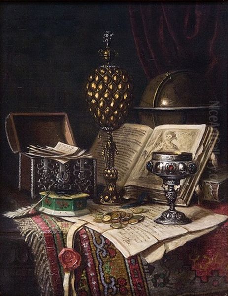 Still Life With Cup, Box And Globe On An Oriental Carpet by Ernst Czernotzky