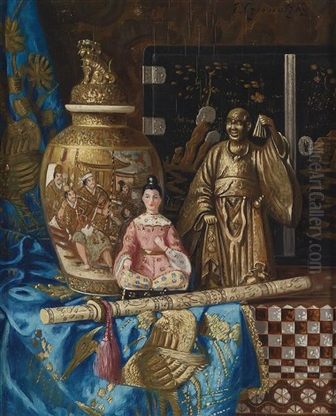 Stillleben Mit Asiatischer Vase Und Skulpturen Oil Painting by Ernst Czernotzky