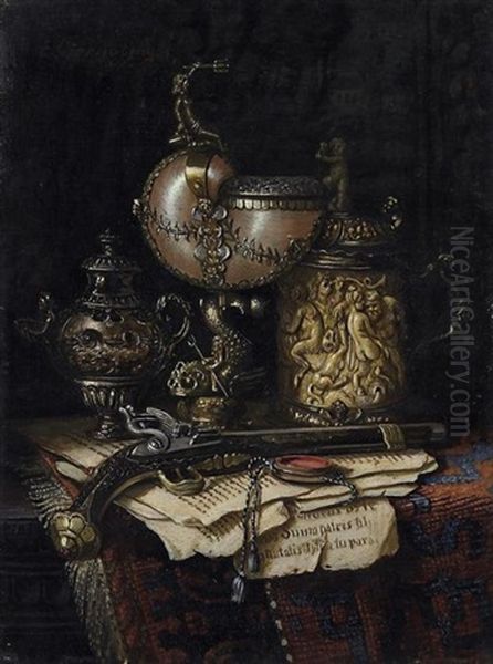 Stilleben Mit Einem Nautiluspokal, Einem Skulptierten Deckelhumpen Sowie Einem Revolver Oil Painting by Ernst Czernotzky