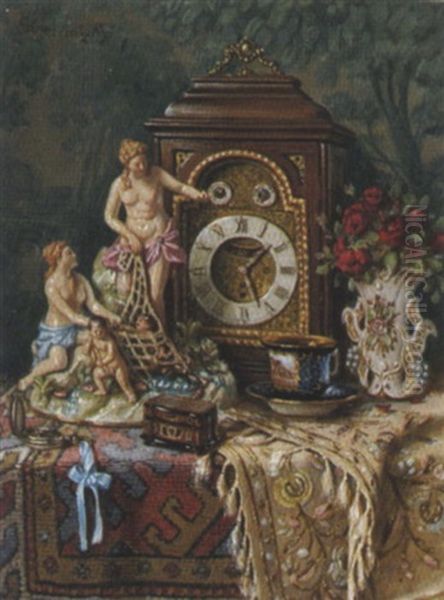 Ein Stilleben Mit Porzellanfigur Und Rosen In Vase Oil Painting by Ernst Czernotzky