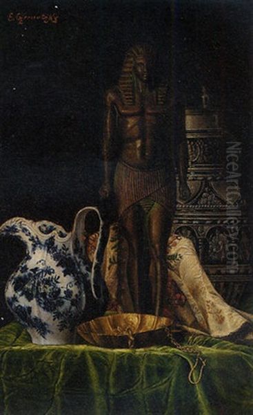 A Pharaoh Statue Amongst Other Curiosities Oil Painting by Ernst Czernotzky