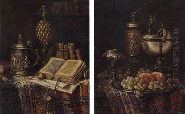 A Silver Tankard, A Wone Roemer, An Illuminated Manuscript, Some Books And Losse Coins On A Carved Sideboard, Draped With A Carpet Oil Painting by Ernst Czernotzky