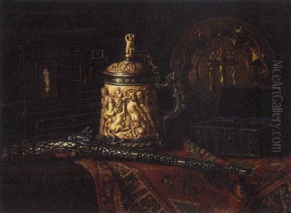 An Ivory Carved Tankard, A Flint-lock Musket, A Votive Casket, A Gold Platter And A Wood Cabinet, On A Ledge Draped With A Carpet Oil Painting by Ernst Czernotzky