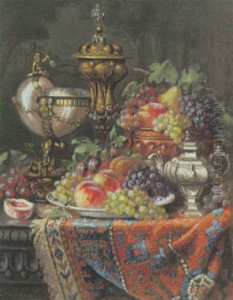 Prachtvolles Stilleben Mit Fruchten, Vergoldetem Deckelspokal, Nautiluspokal, Kanne, Teppich Und Truhe Oil Painting by Ernst Czernotzky