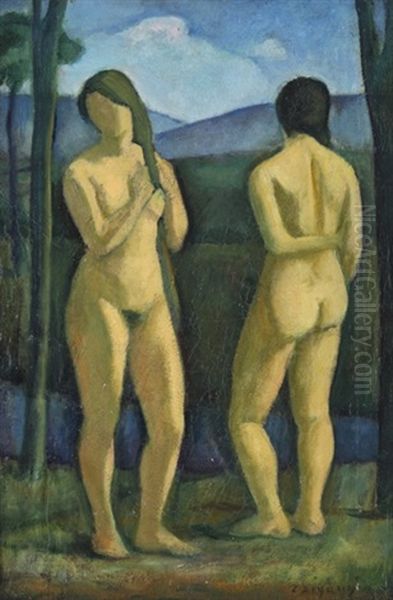 Double Female Nude (bathers) Oil Painting by Dezsoe Czigany