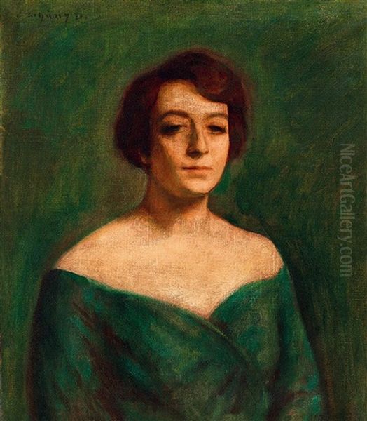 Woman In Green Dress Oil Painting by Dezsoe Czigany