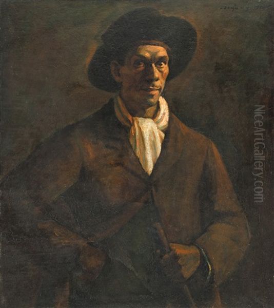 Self-portrait In A Hat Oil Painting by Dezsoe Czigany