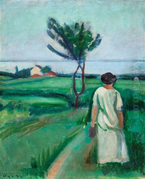 Woman In A White Dress Oil Painting by Dezsoe Czigany