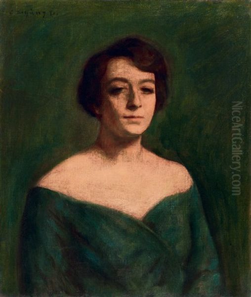 Lady In Green Dress Oil Painting by Dezsoe Czigany