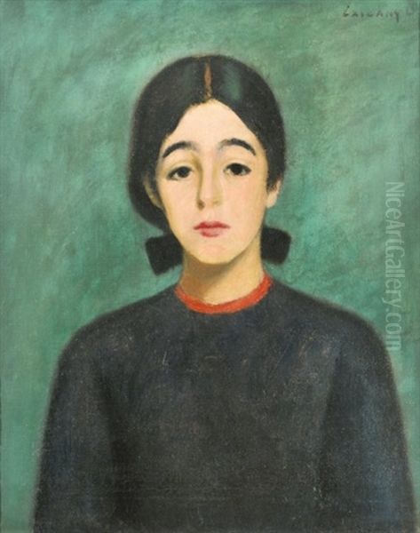 Girl With Bow In A Green Room Oil Painting by Dezsoe Czigany