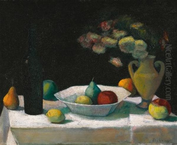 Still Life With Bottle And Fruit by Dezsoe Czigany