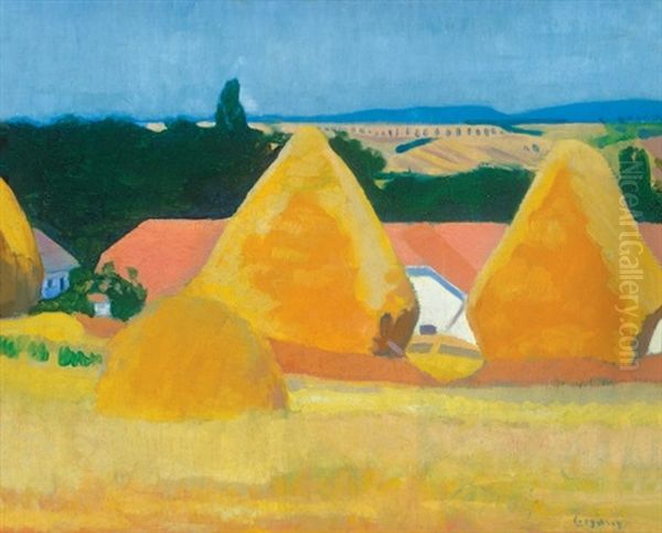 Landscape With Hay-stacks Oil Painting by Dezsoe Czigany