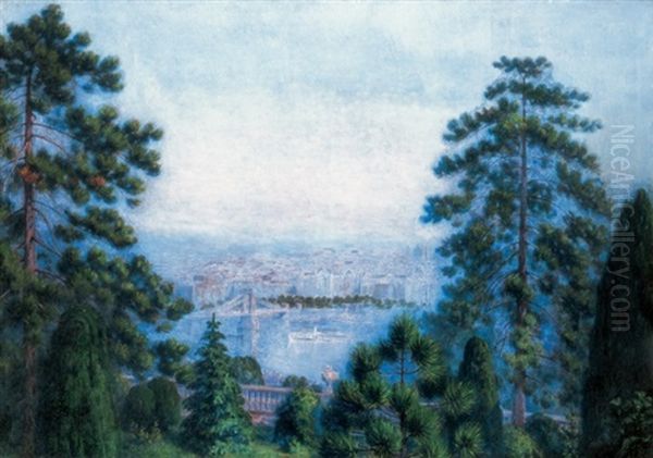 View Of Budapest With The Chain Bridge And The Grasham Palace Oil Painting by Deszoe Czoelder